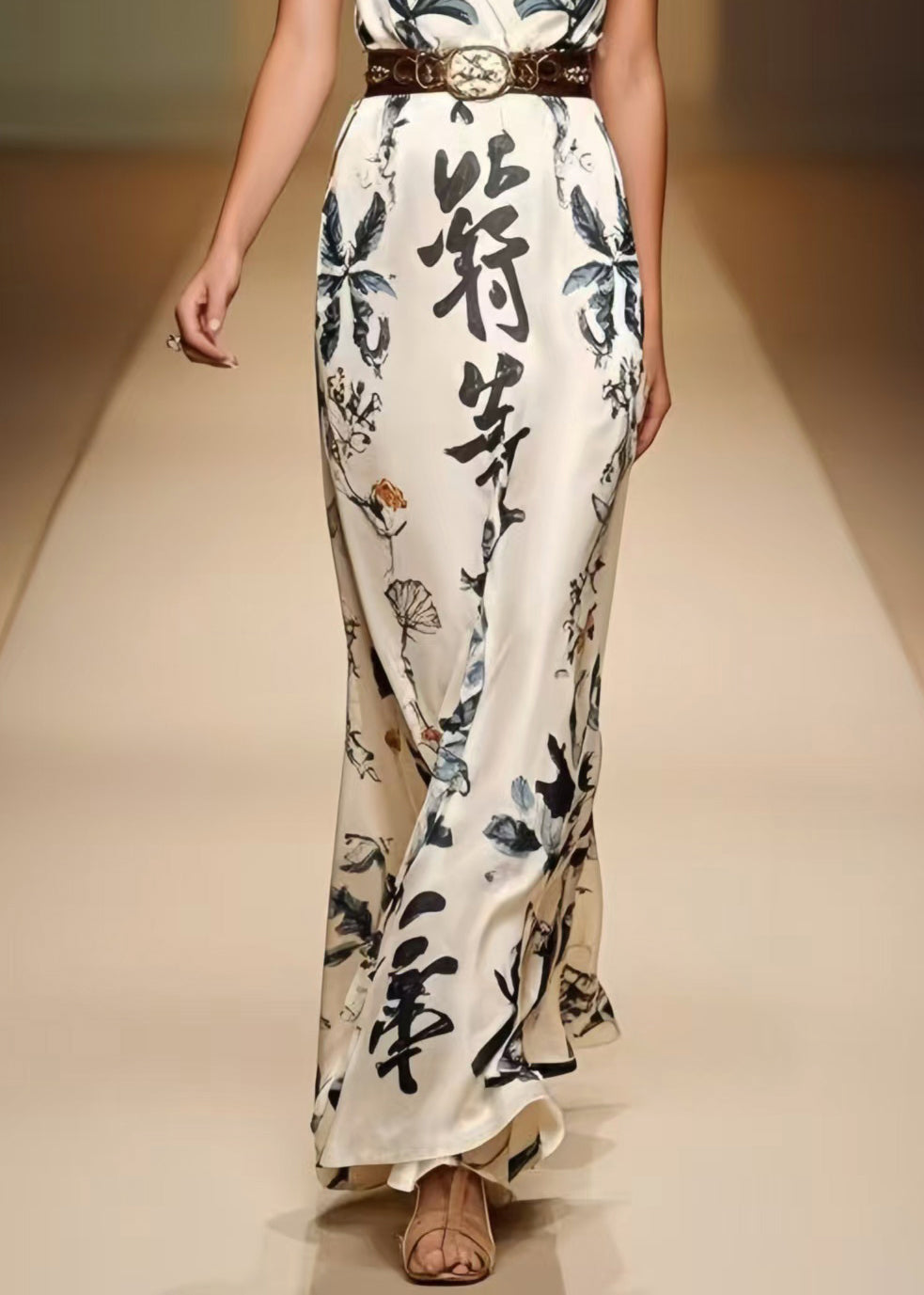 Women White Cinched Print Silk Dress Sleeveless