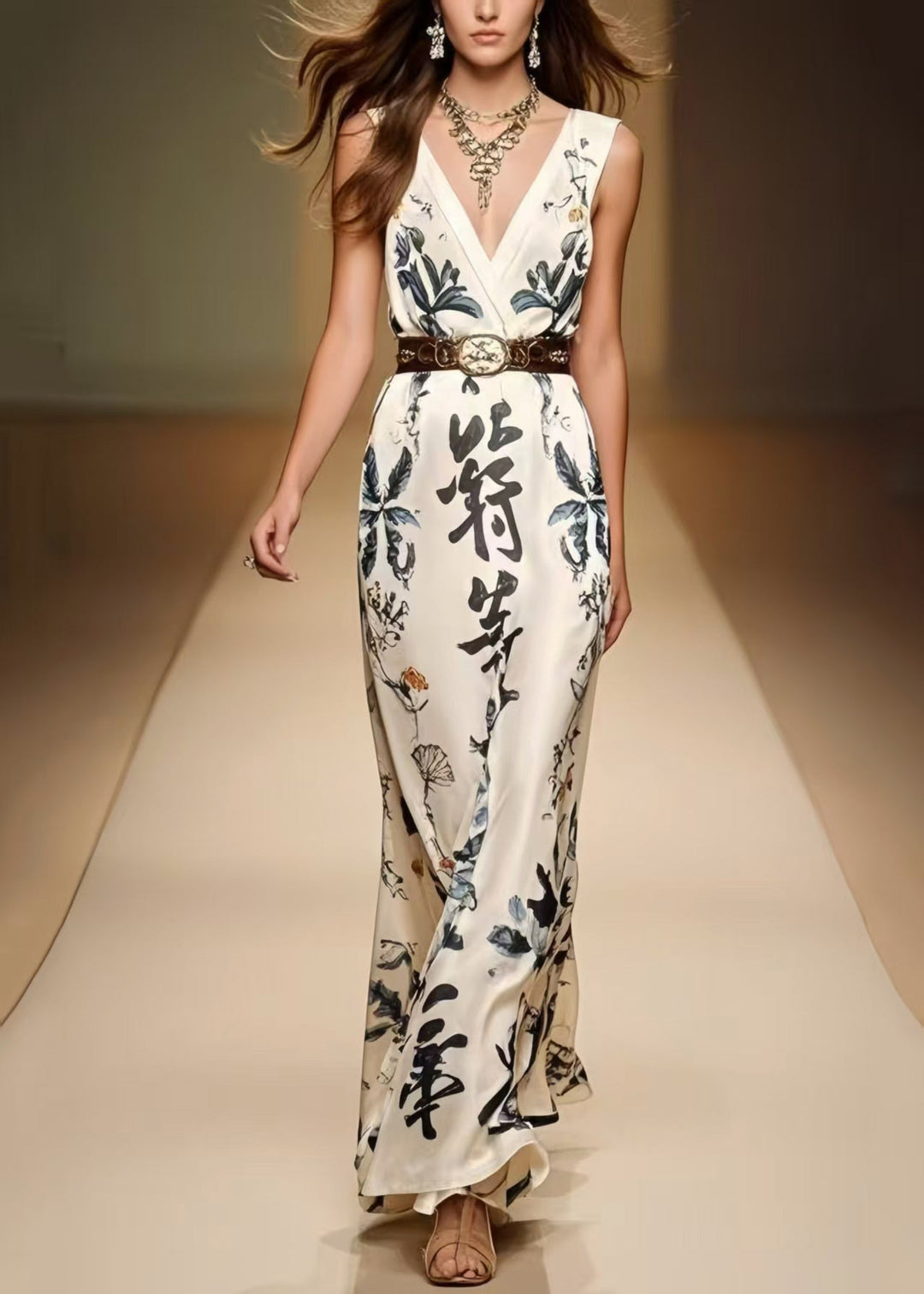 Women White Cinched Print Silk Dress Sleeveless