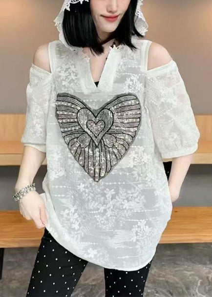 Women White Cold Shoulder Jacquard Cotton Hoodie Tops Summer