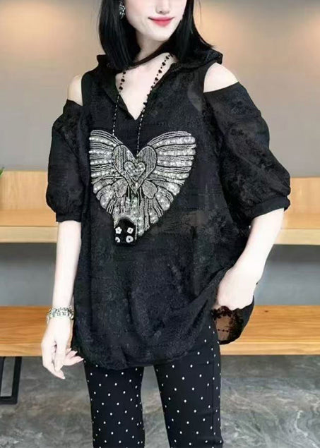 Women White Cold Shoulder Jacquard Cotton Hoodie Tops Summer