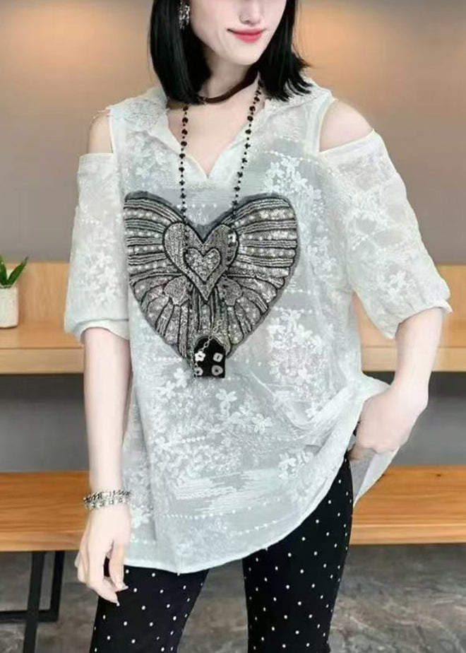 Women White Cold Shoulder Jacquard Cotton Hoodie Tops Summer