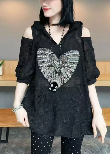 Women White Cold Shoulder Jacquard Cotton Hoodie Tops Summer