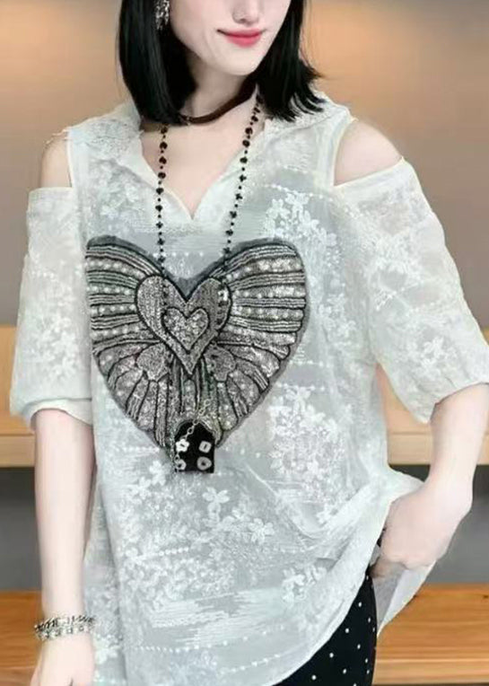 Women White Cold Shoulder Jacquard Cotton Hoodie Tops Summer