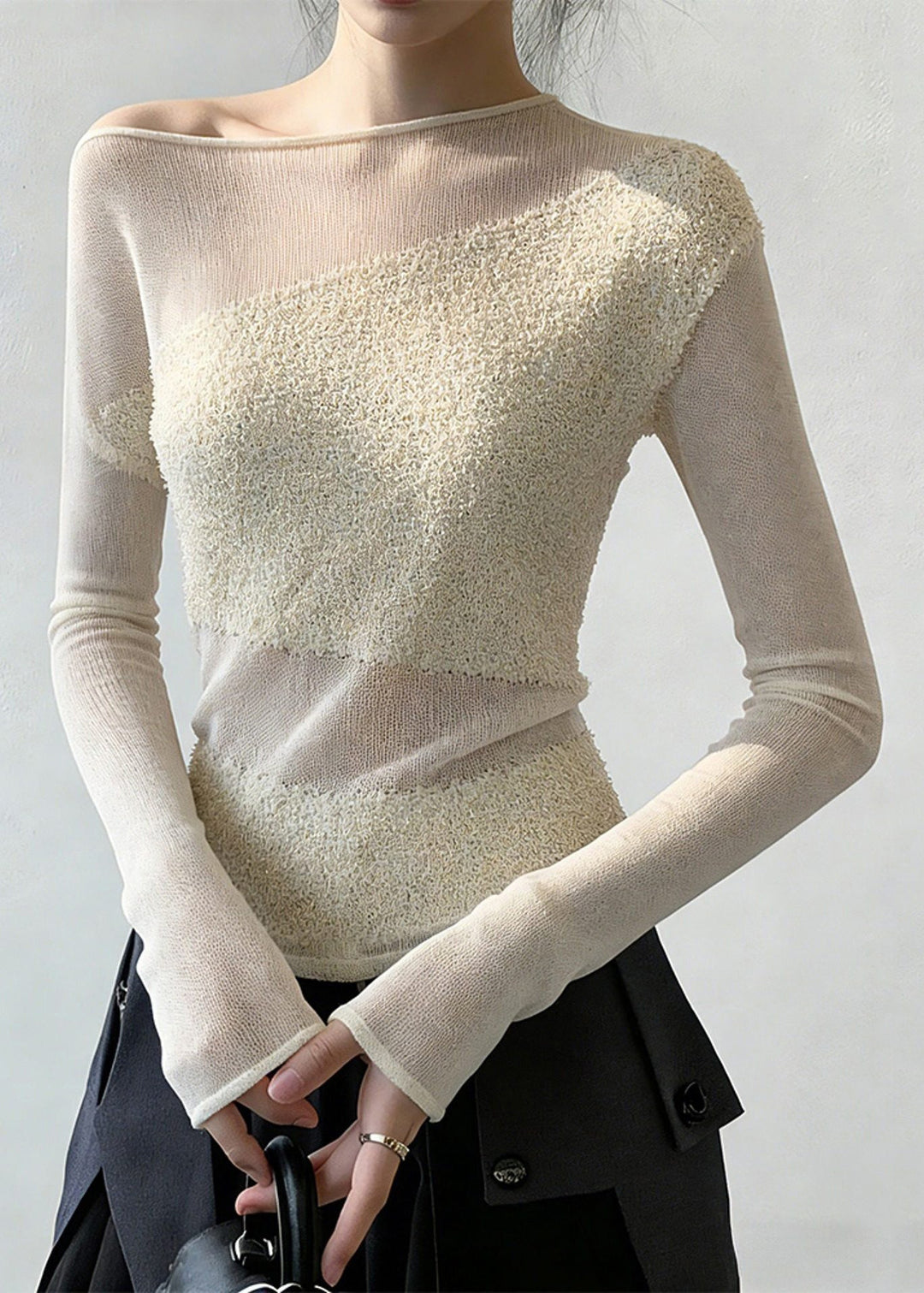 Women White Cold Shoulder Solid Patchwork Knit Sweaters Spring