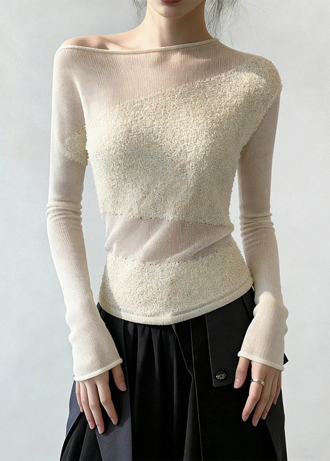 Women White Cold Shoulder Solid Patchwork Knit Sweaters Spring