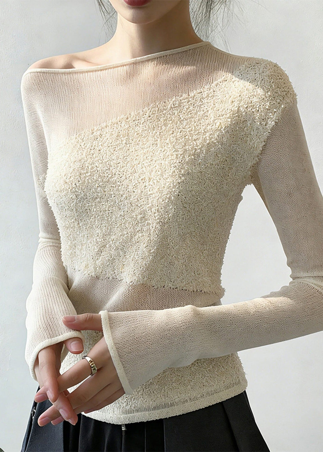 Women White Cold Shoulder Solid Patchwork Knit Sweaters Spring