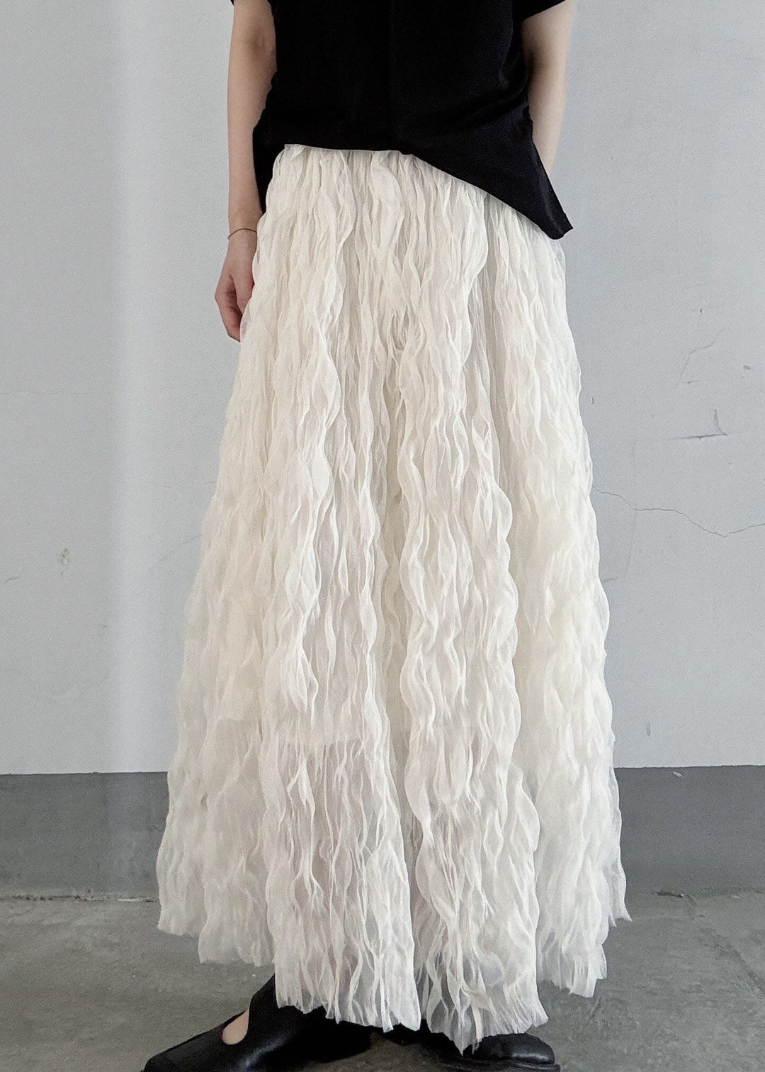 Women White Elastic Waist Wrinkled Tulle Skirts Fall