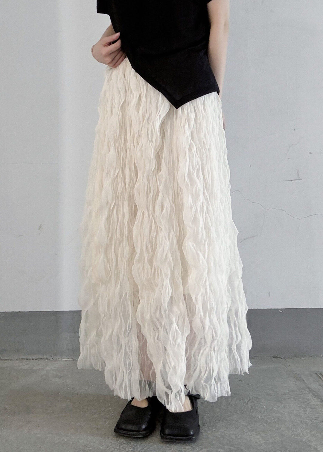 Women White Elastic Waist Wrinkled Tulle Skirts Fall