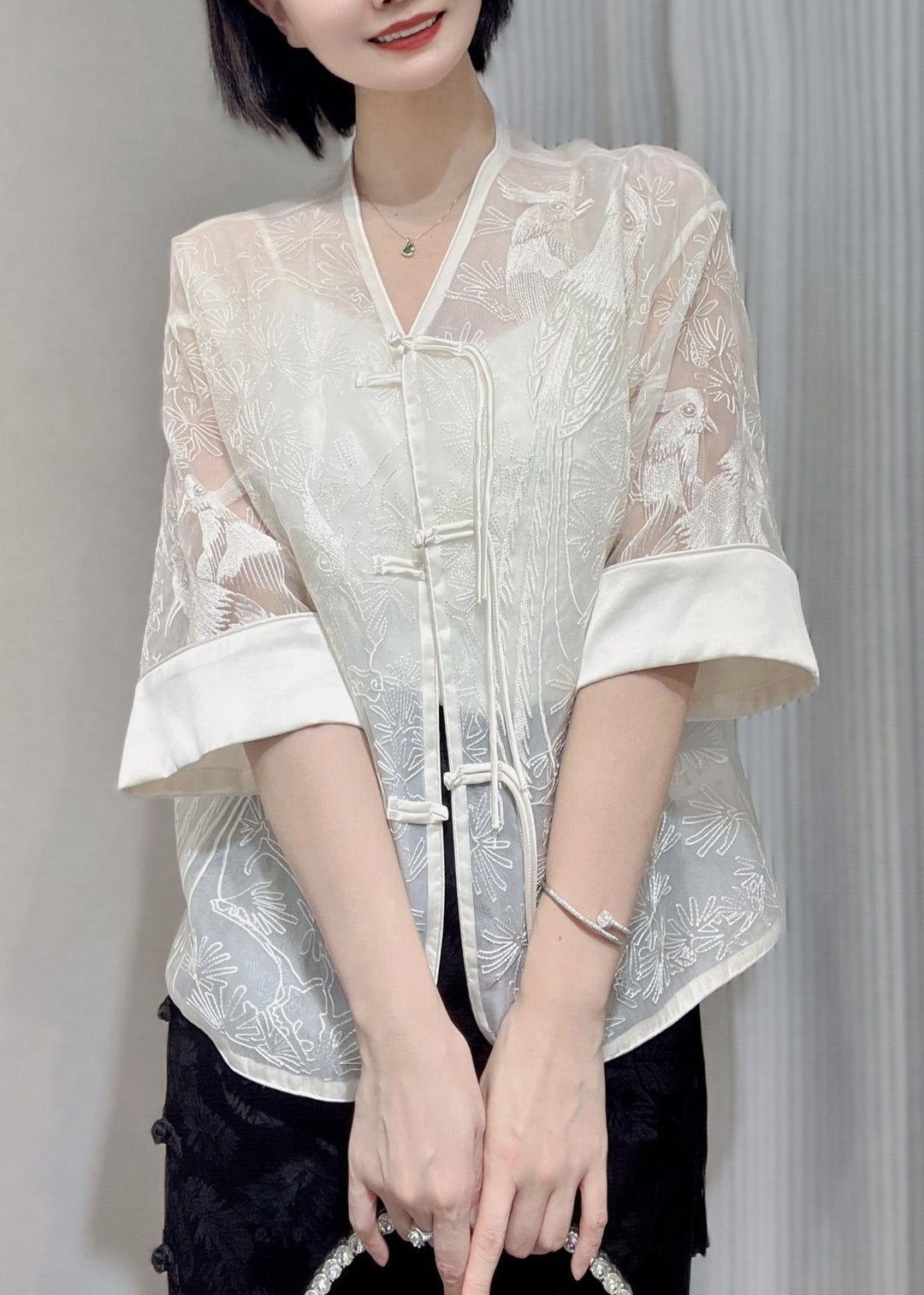 Women White Embroidered Button Silk Blouse Summer