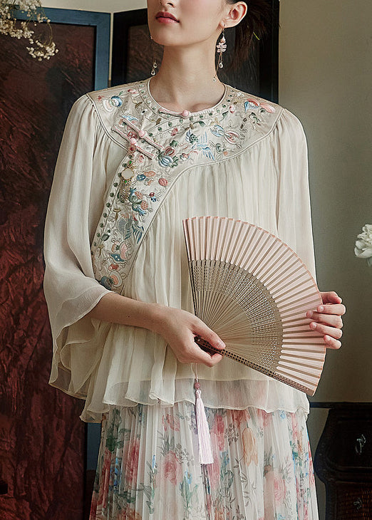 Women White Embroidered Chinese Button Silk Blouses Summer