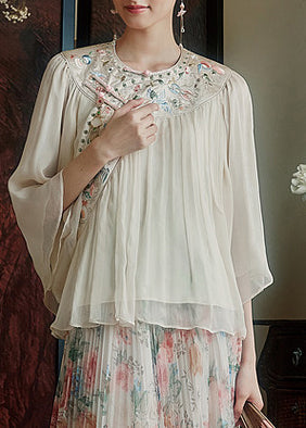 Women White Embroidered Chinese Button Silk Blouses Summer