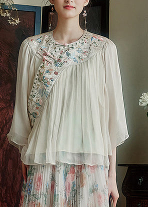 Women White Embroidered Chinese Button Silk Blouses Summer