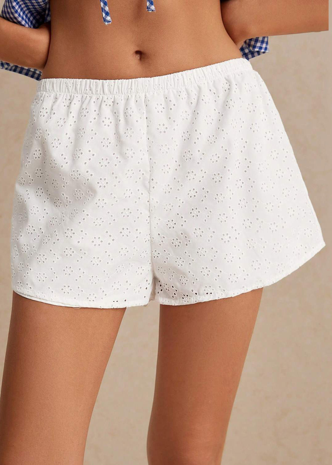 Women White Embroidered Elastic Waist Cotton Shorts Summer