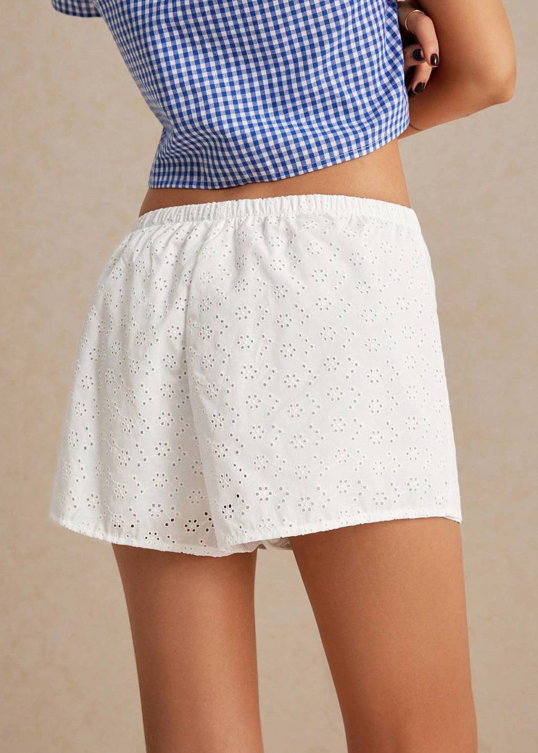 Women White Embroidered Elastic Waist Cotton Shorts Summer