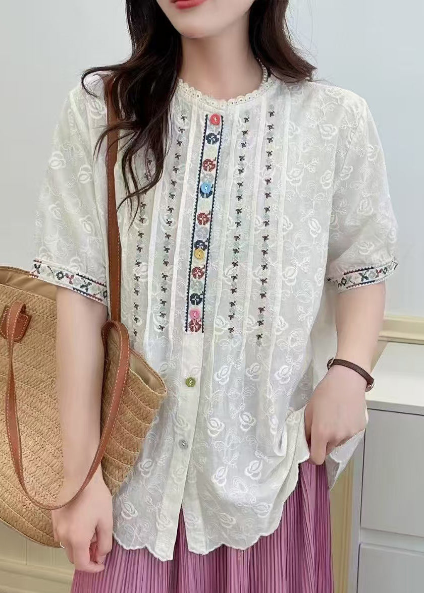 Women White Embroidered Lace Loose Shirts Summer