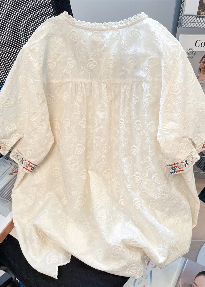 Women White Embroidered Lace Loose Shirts Summer