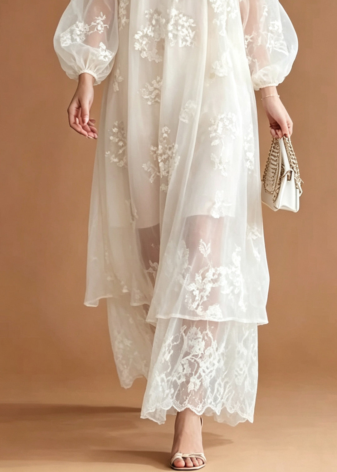 Women White Embroidered Oversized Lace Long Dress Summer