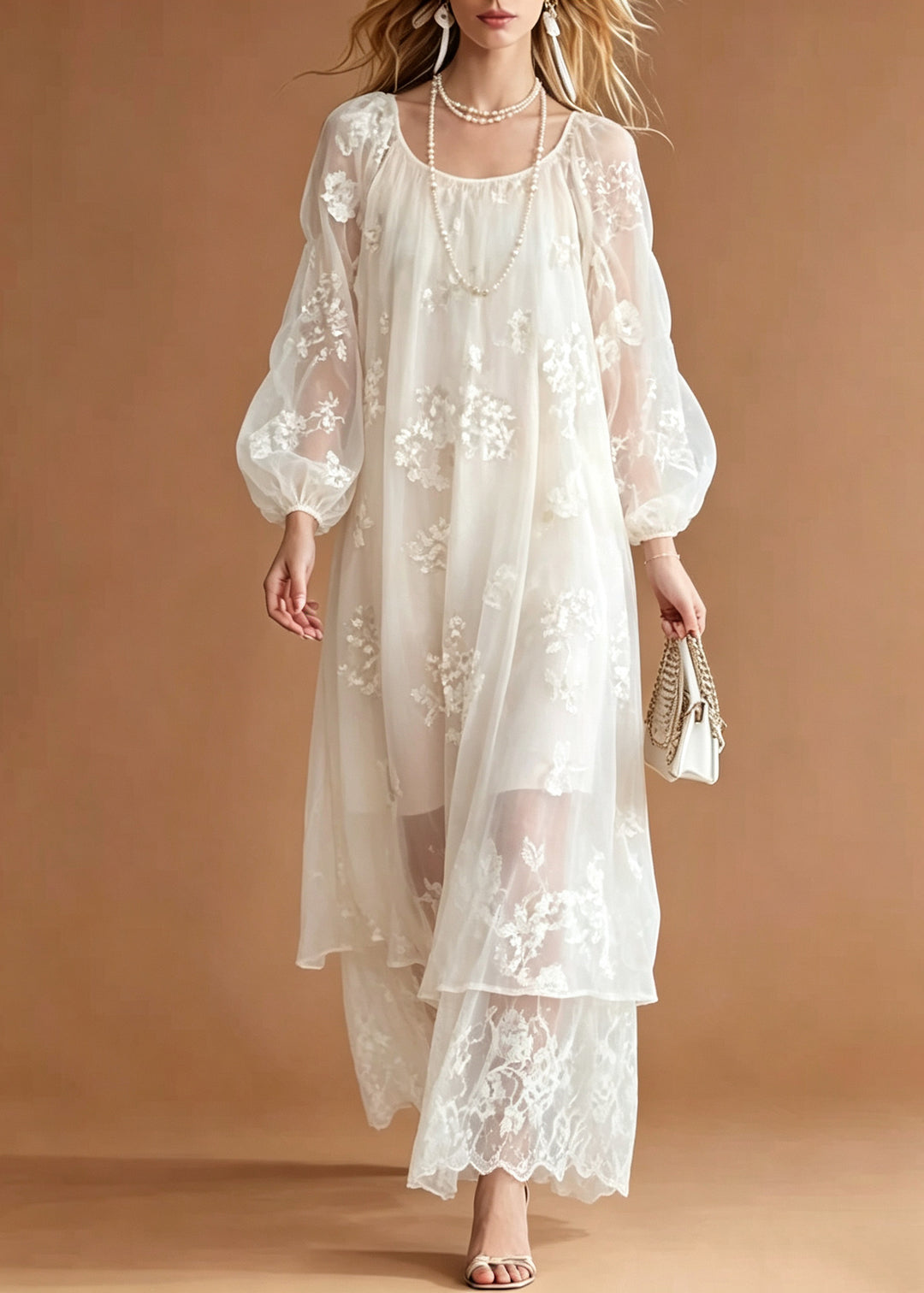 Women White Embroidered Oversized Lace Long Dress Summer