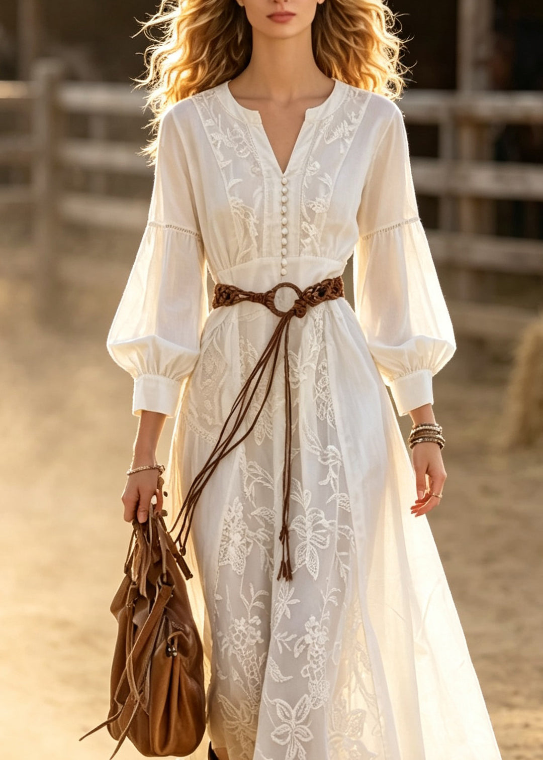 Women White Embroidered Patchwork Cotton Maxi Dresses Lantern Sleeve