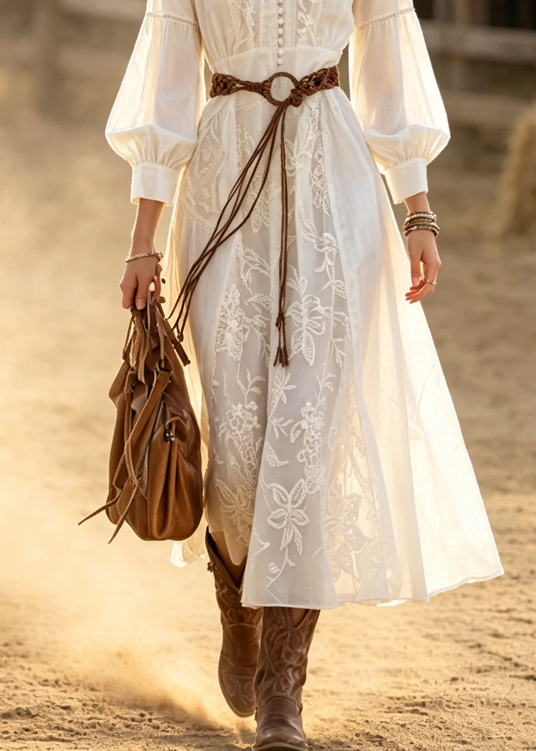 Women White Embroidered Patchwork Cotton Maxi Dresses Lantern Sleeve