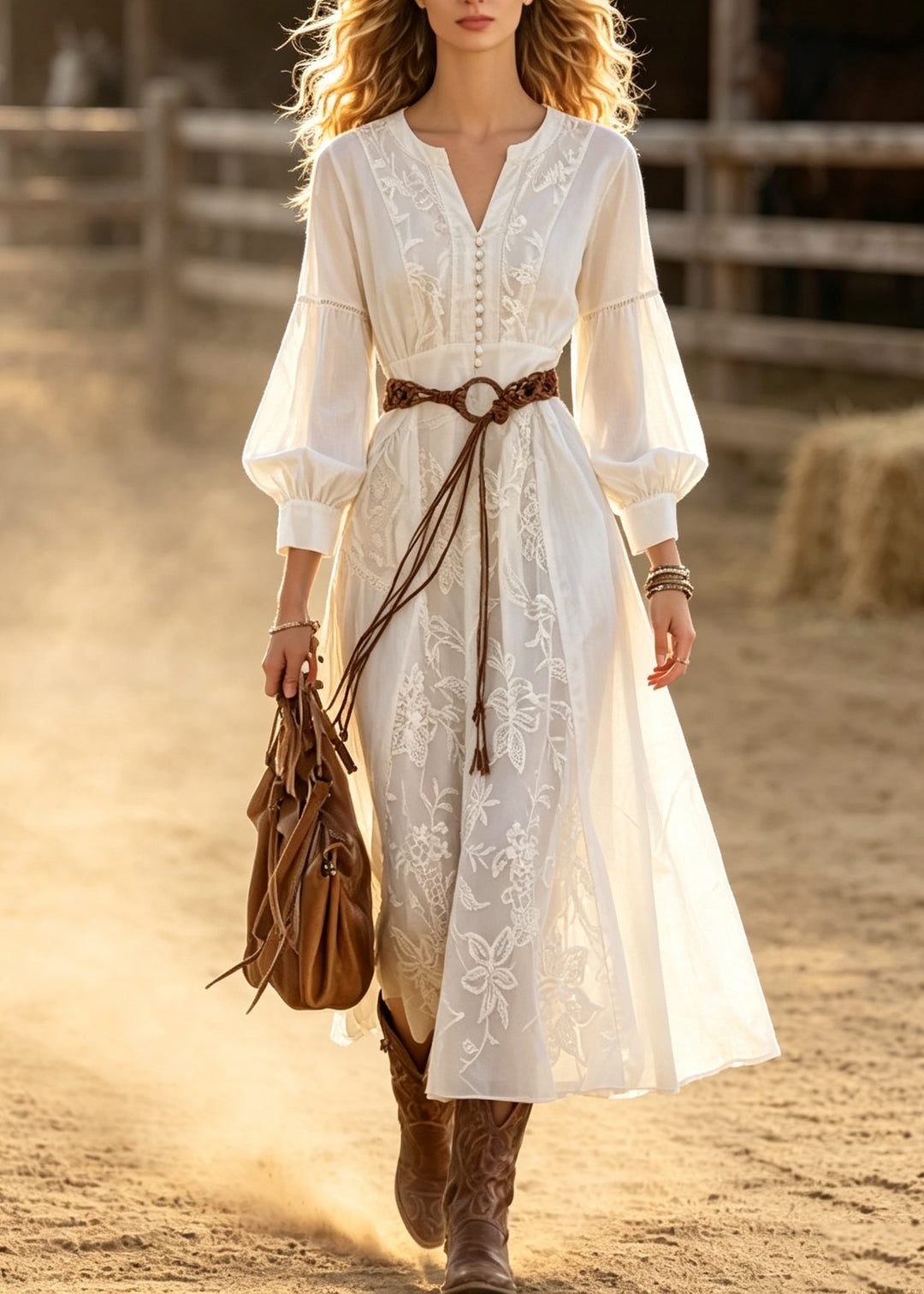 Women White Embroidered Patchwork Cotton Maxi Dresses Lantern Sleeve