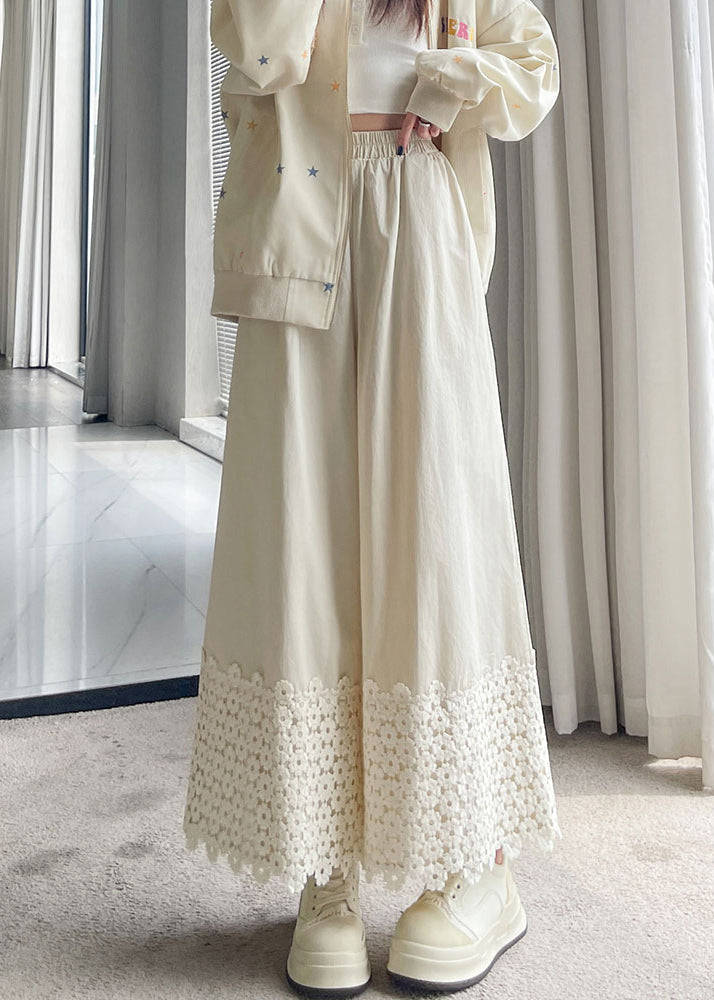 Women White Embroidered Patchwork Cotton Pants Fall