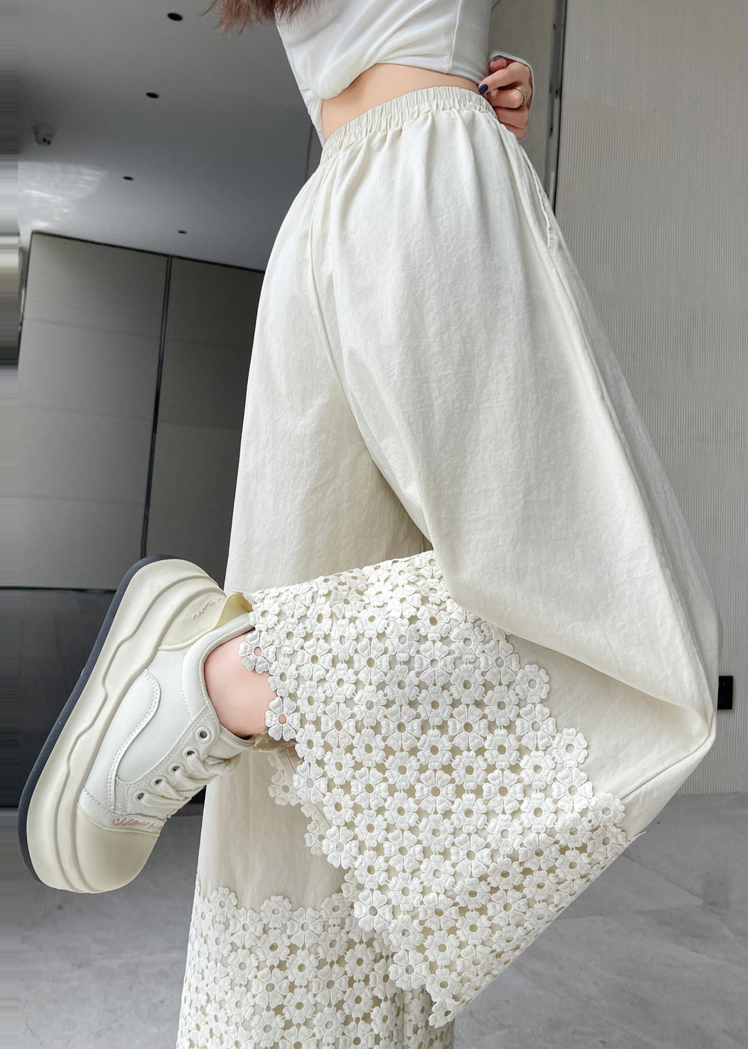 Women White Embroidered Patchwork Cotton Pants Fall
