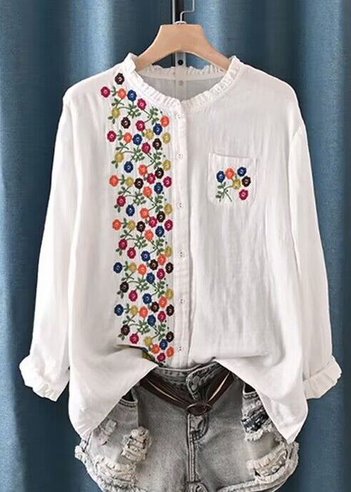 Women White Embroidered Ruffled Button Cotton Shirt Spring