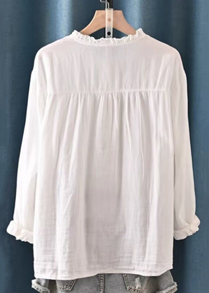 Women White Embroidered Ruffled Button Cotton Shirt Spring