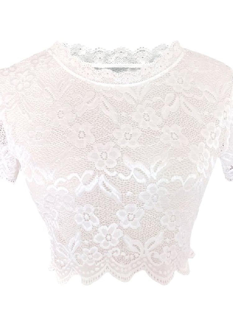 Women White Embroideried Lace Short Tank Half Sleeve