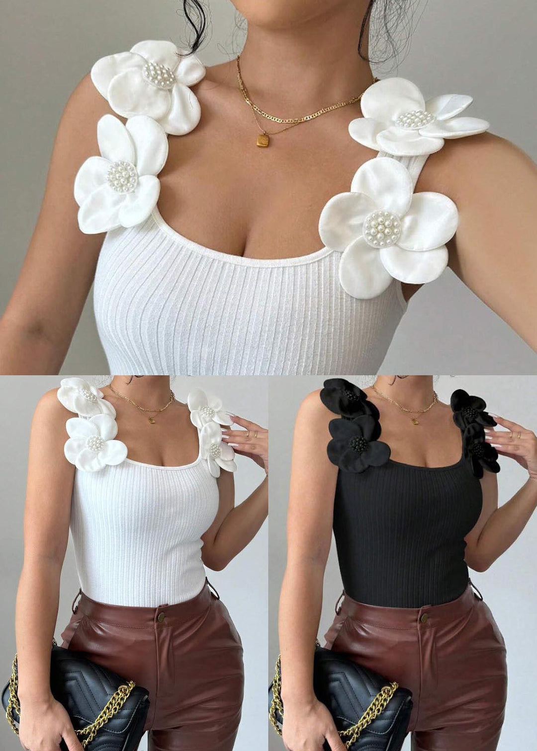 Women White Floral Decorated Silm Vests Summer
