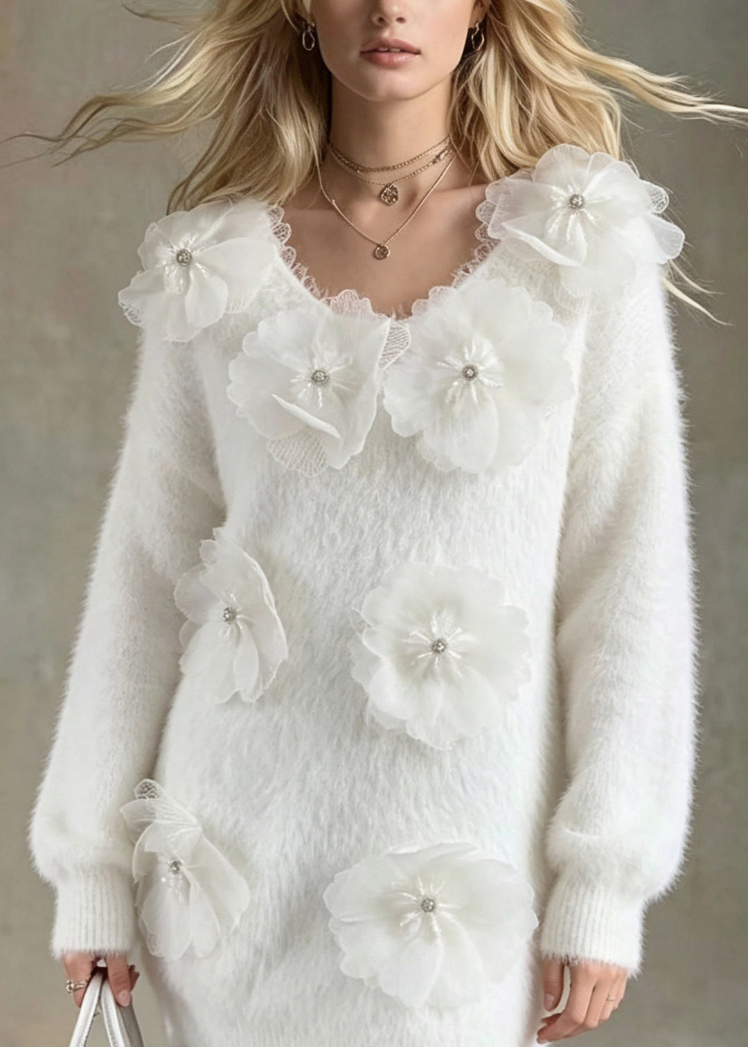 Women White Floral Nail Bead Long Knit Sweaters Fall