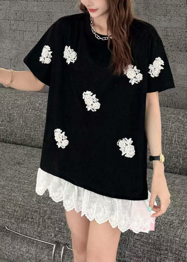 Women White Flower Decorated  Oversized Patchwork Lace Tanks Summer