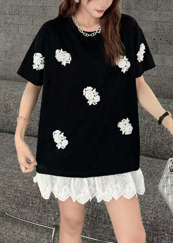 Women White Flower Decorated  Oversized Patchwork Lace Tanks Summer