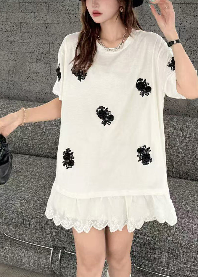 Women White Flower Decorated  Oversized Patchwork Lace Tanks Summer