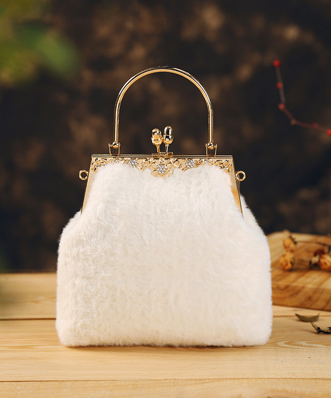 Women White Fuzzy Fur Fluffy Zircon Tote Handbag