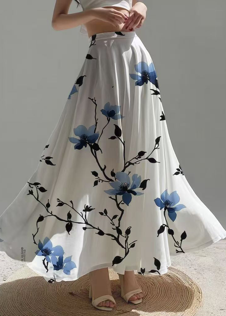 Women White High Waist Print Chiffon Tea Skirts Summer