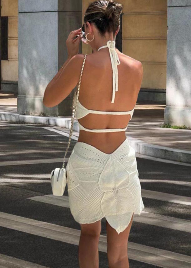 Women White Hollow Out Backless Knit Halter Dress Summer