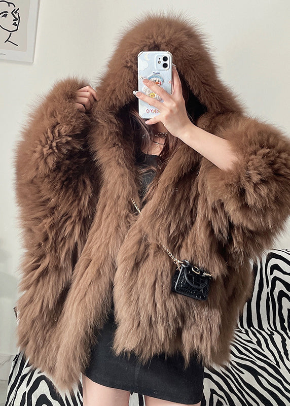 Women White Hooded Fine Fox Fur Jacket Winter