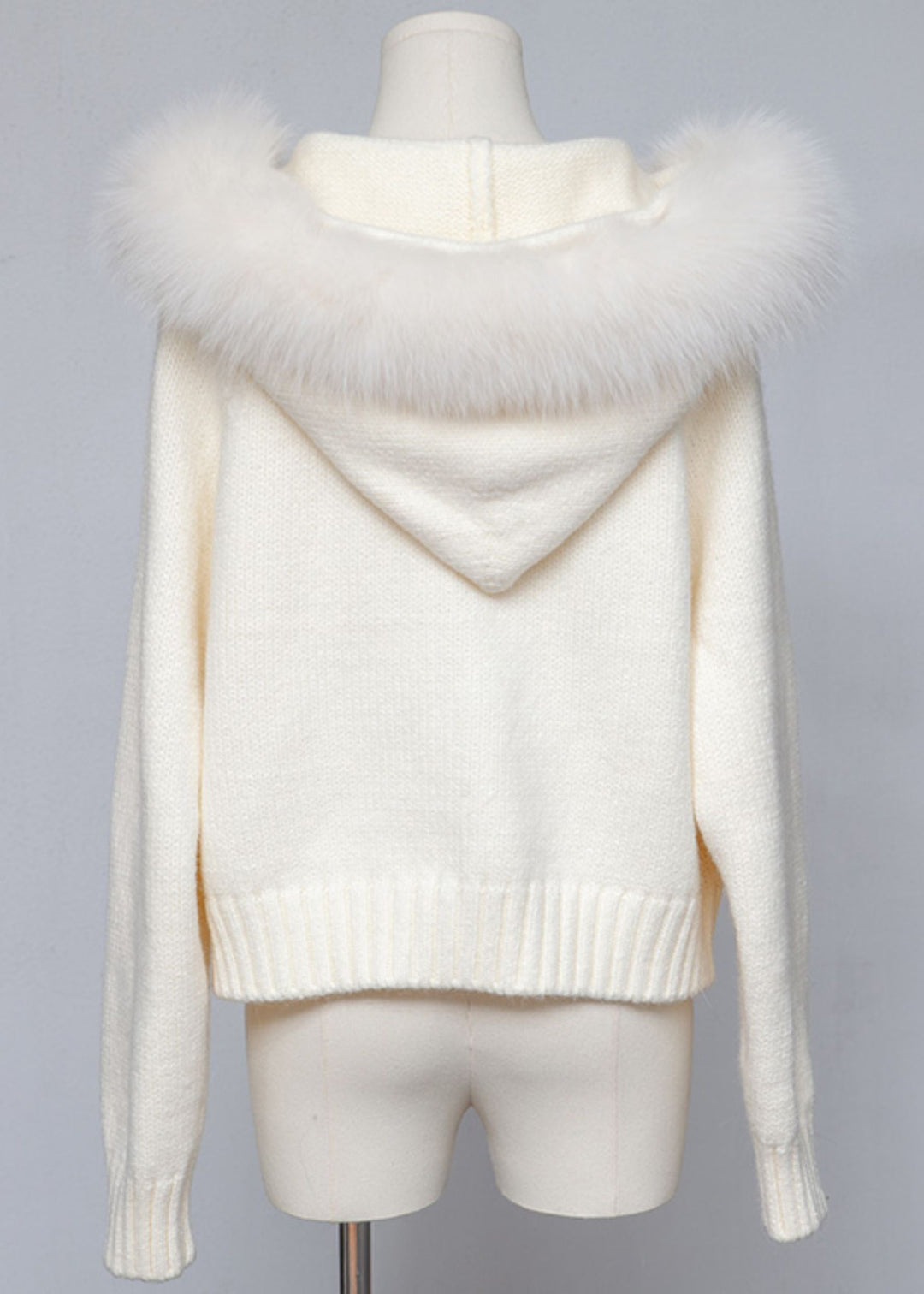 Women White Hooded Zippered Cozy Patchwork Knit Coat