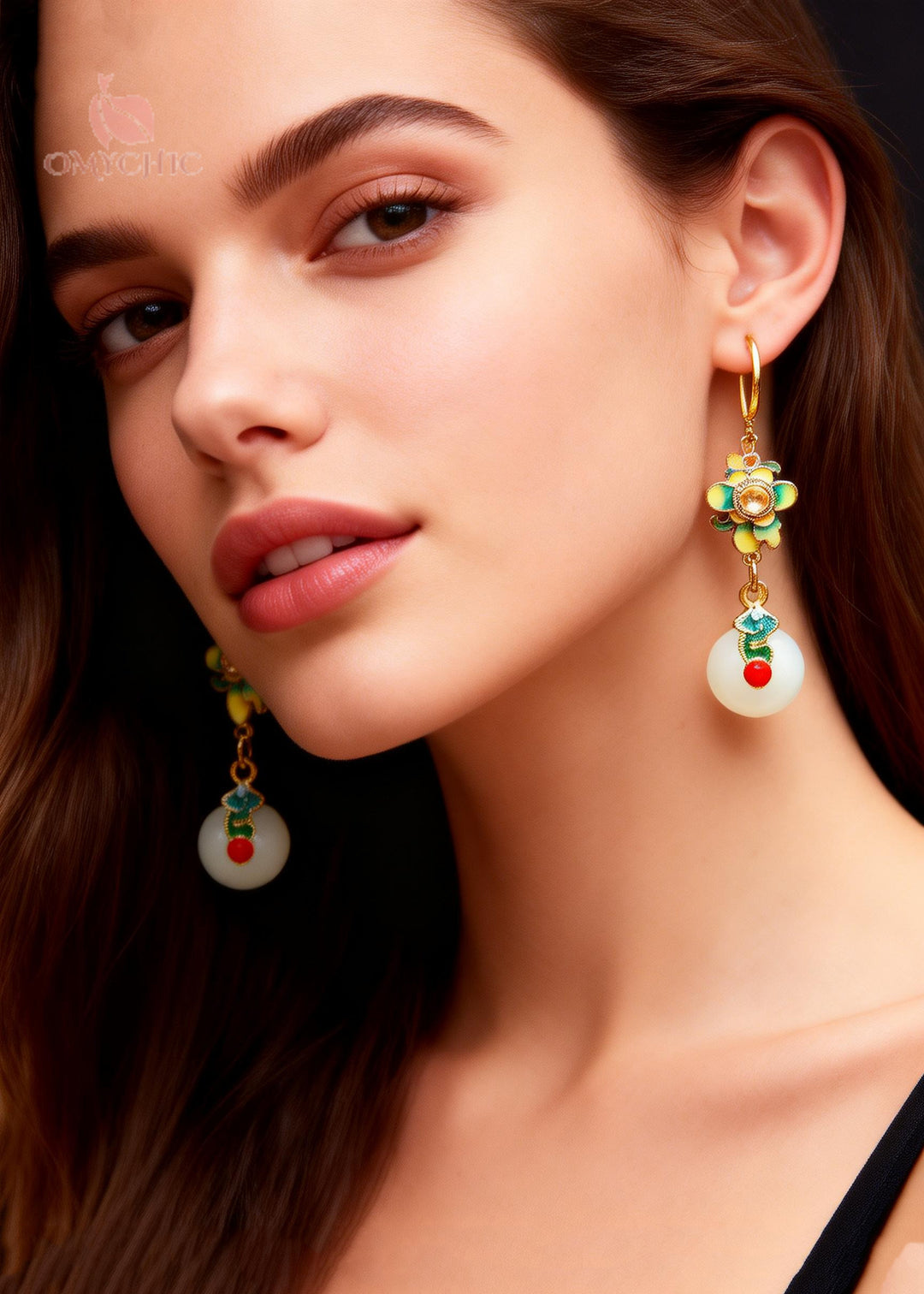 Women White Jade Paitings Flower Metal Drop Earrings