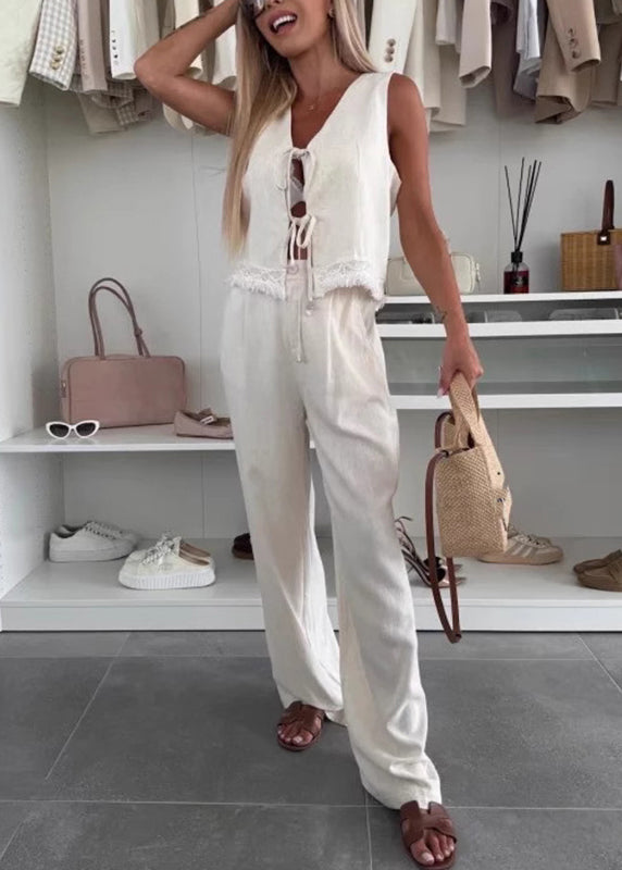 Women White Lace Patchwork Tie Waist Linen Vest And Wide Leg Pants Two Pieces Set Summer