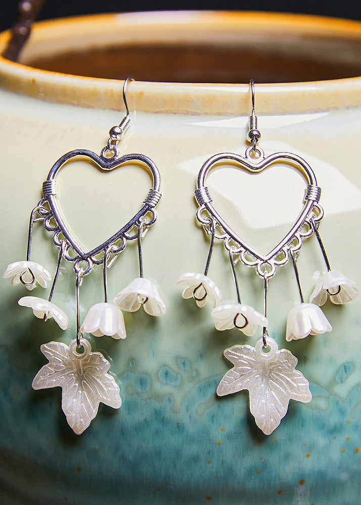 Women White Leaf Acrylic Heart-shaped Drop Earrings