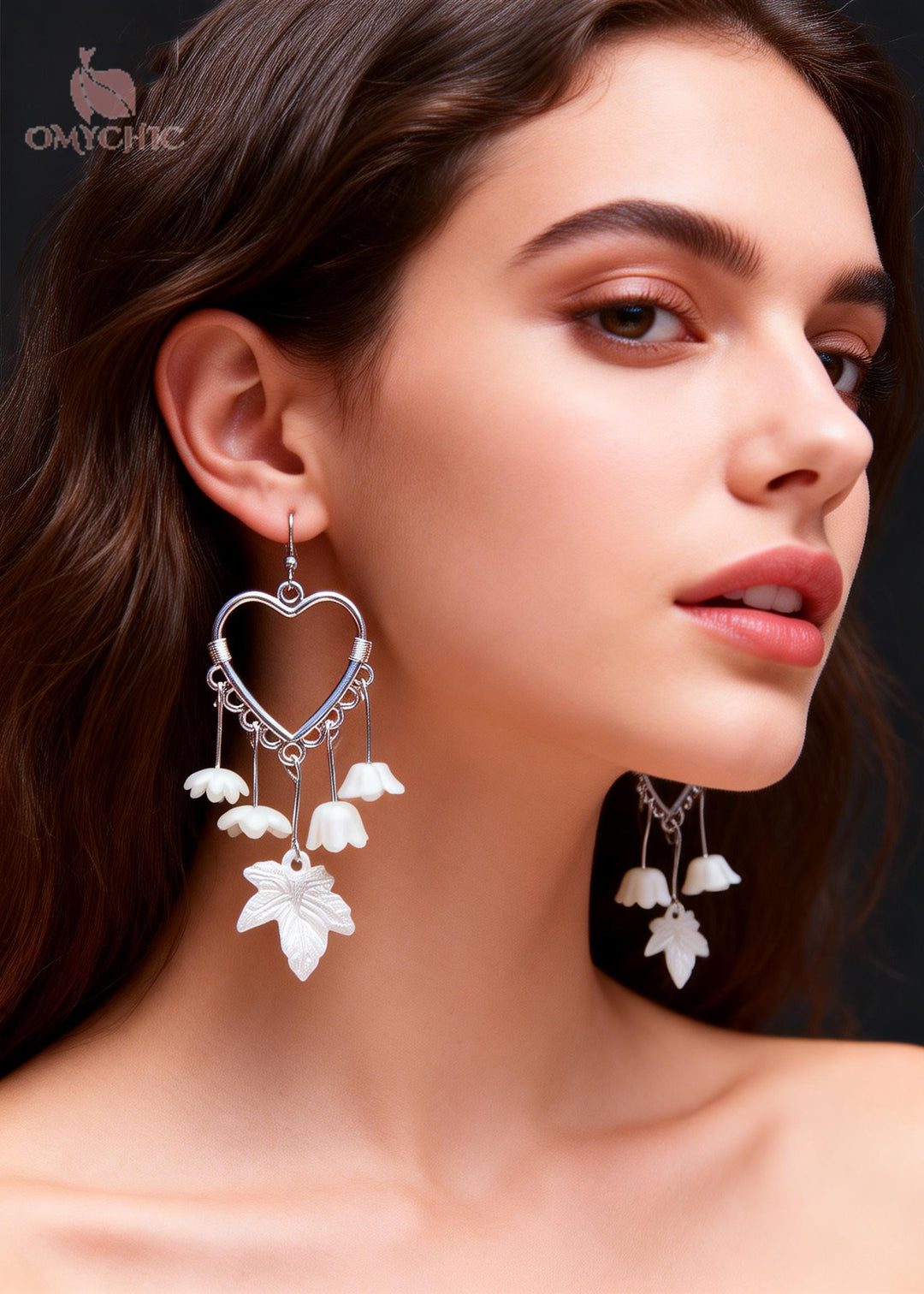 Women White Leaf Heart-shaped Tasseled Drop Earrings