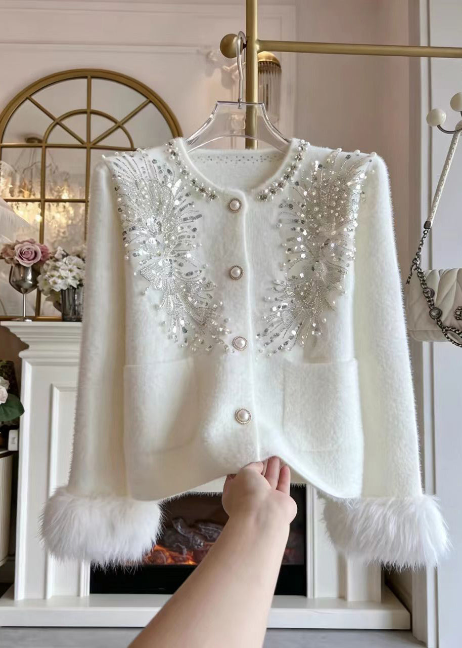 Women White Nail Bead Sequins Cuff Fur Trim Mink Hair Knitted Cardigan Fall