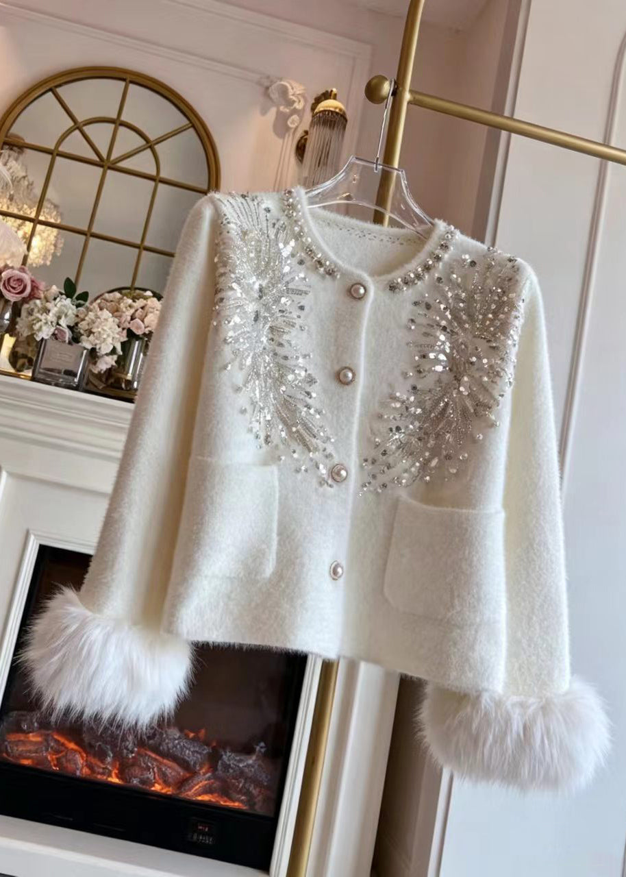 Women White Nail Bead Sequins Cuff Fur Trim Mink Hair Knitted Cardigan Fall