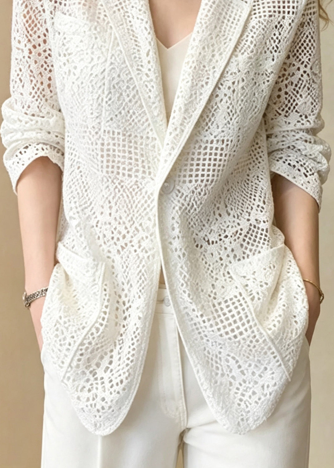 Women White Notched Cut Out Pockets Jacket Long Sleeve