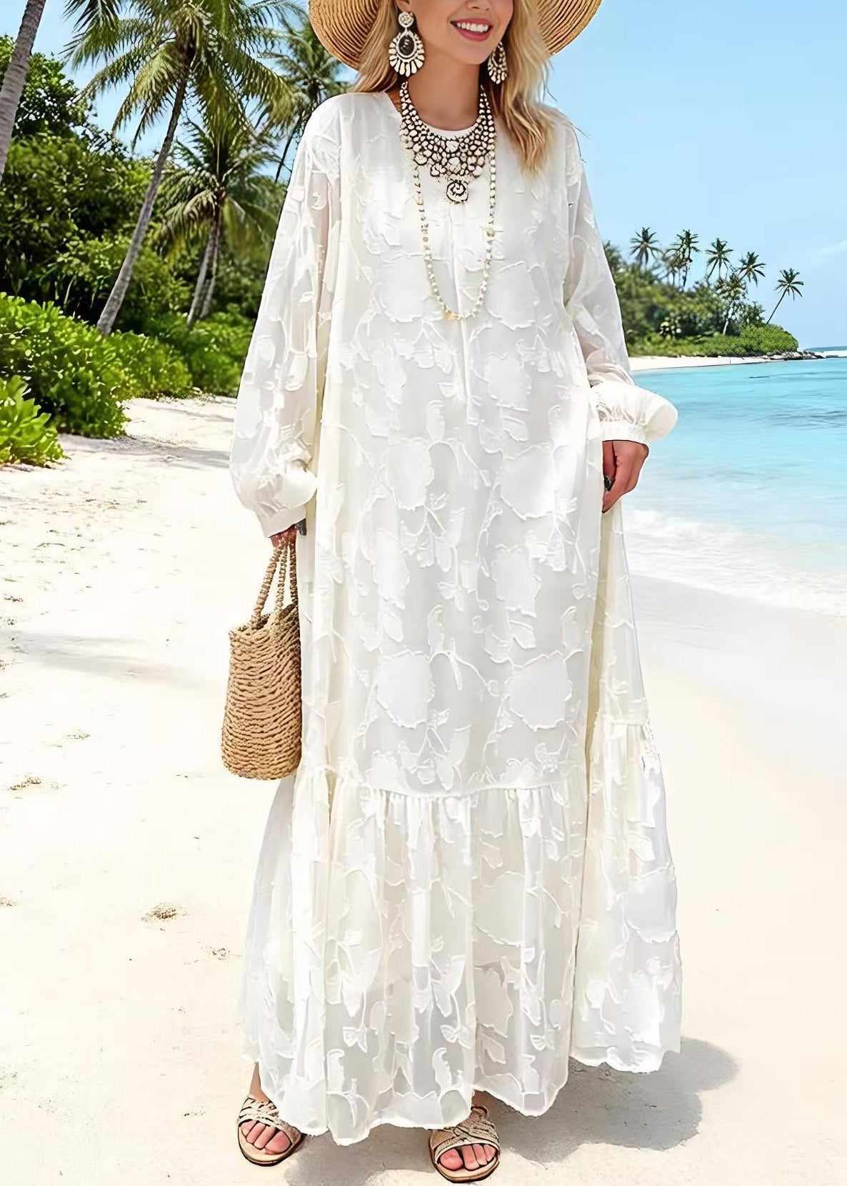 Women White O Neck Embroidered Lace Dresses Spring - Omychic