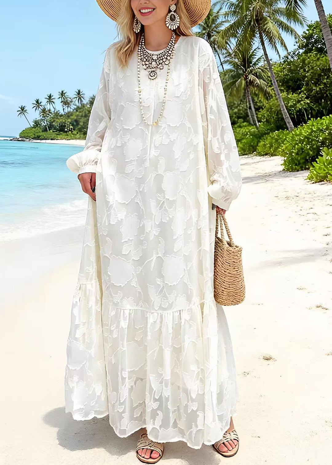 Women White O Neck Embroidered Lace Dresses Spring - Omychic