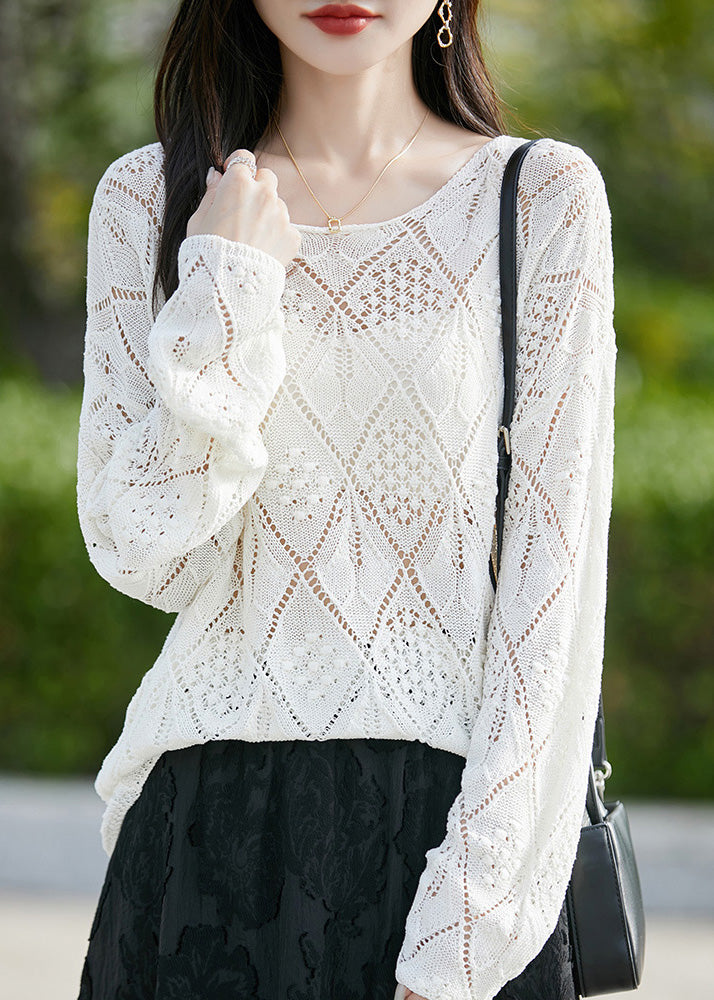 Women White O Neck Hollow Out Thin Knit Sweater Fall